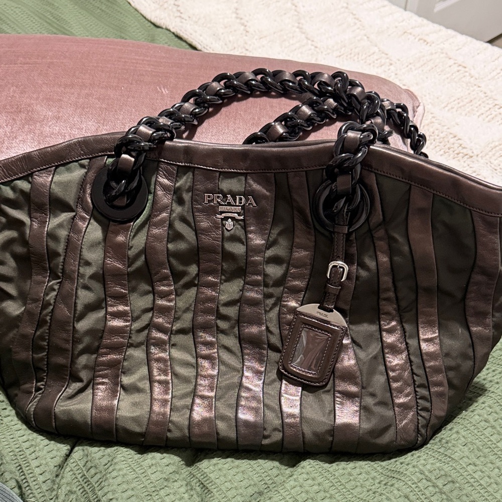 Prada Metallic Olive and Bronze Tote